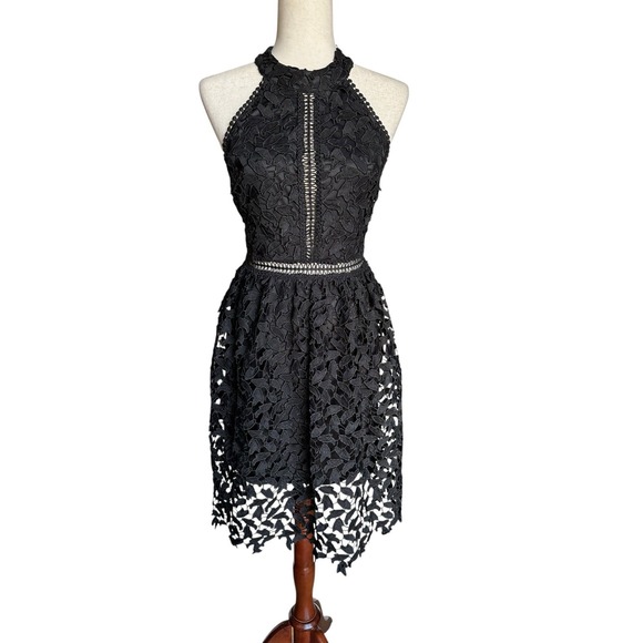Just Me Dresses & Skirts - Just Me Black Lace High-Neck Dress Size Small A-Line Dress Floral Cut Outs‎ Sexy